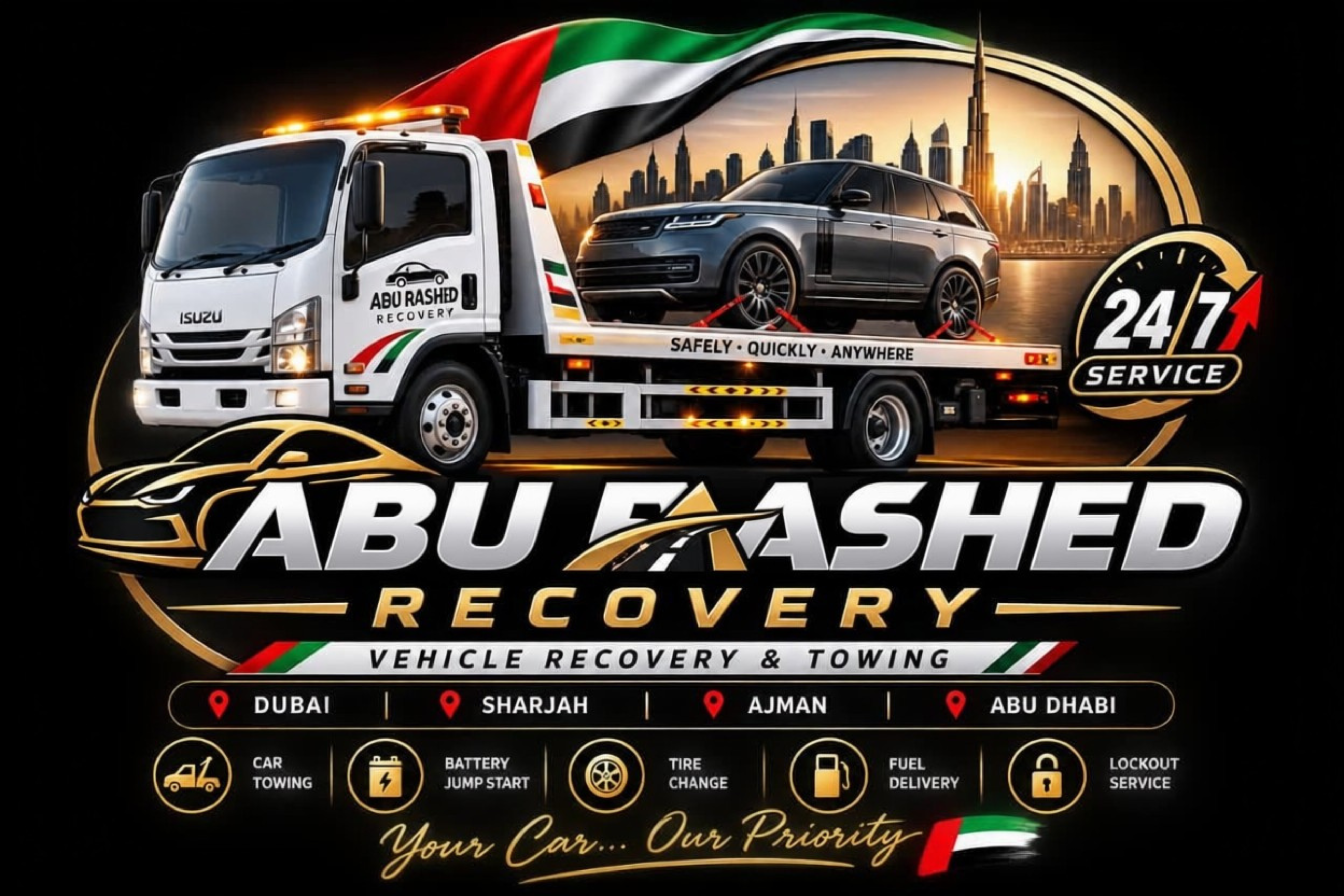 Abu Rashed recovery truck carrying a vehicle in Dubai